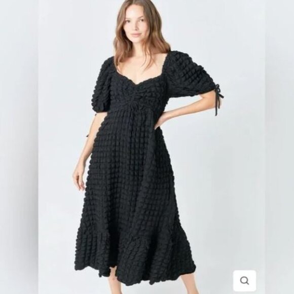 NWT Endless Rose Puff Sleeves Textured Maxi Dress in Black Size S - Picture 1 of 12